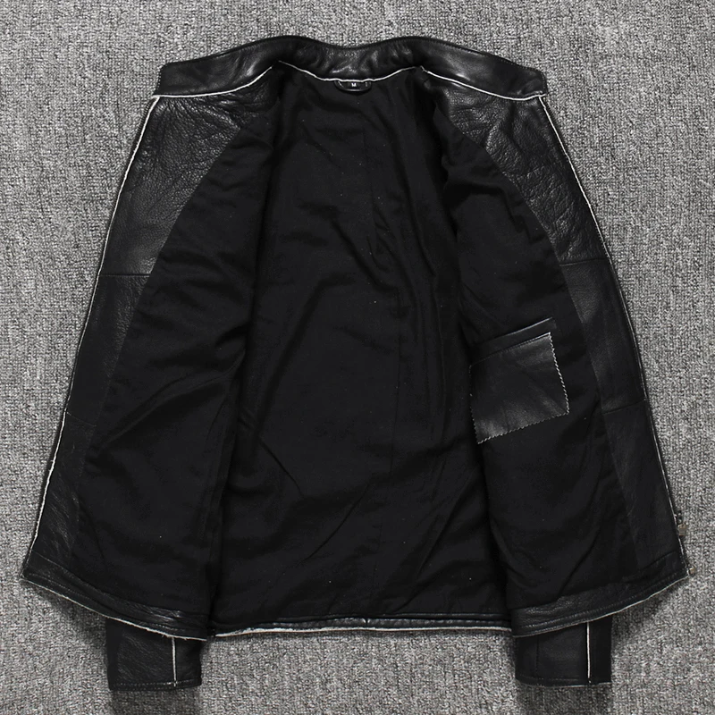 Бесплатная доставка 2019 Натуральная воловья байкерская куртка винтажная Черная