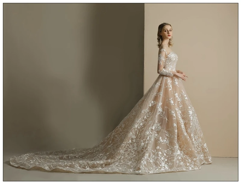 Цвета шампанского, с длинными рукавами торжественное платье Vestido de Festa аппликации Платье трапециевидной формы развертки поезд свадебное платье на шнуровке, на шнуровке, стильная дорожная фотография Свадебное платье