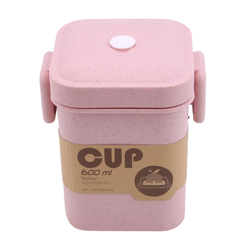 Чашка для супа, многоцветная, пшеничная солома, анти-обжигающая, микроволновая печь, квадратная пряжка, герметичный суп-бак, кухонная посуда - Цвет: pink