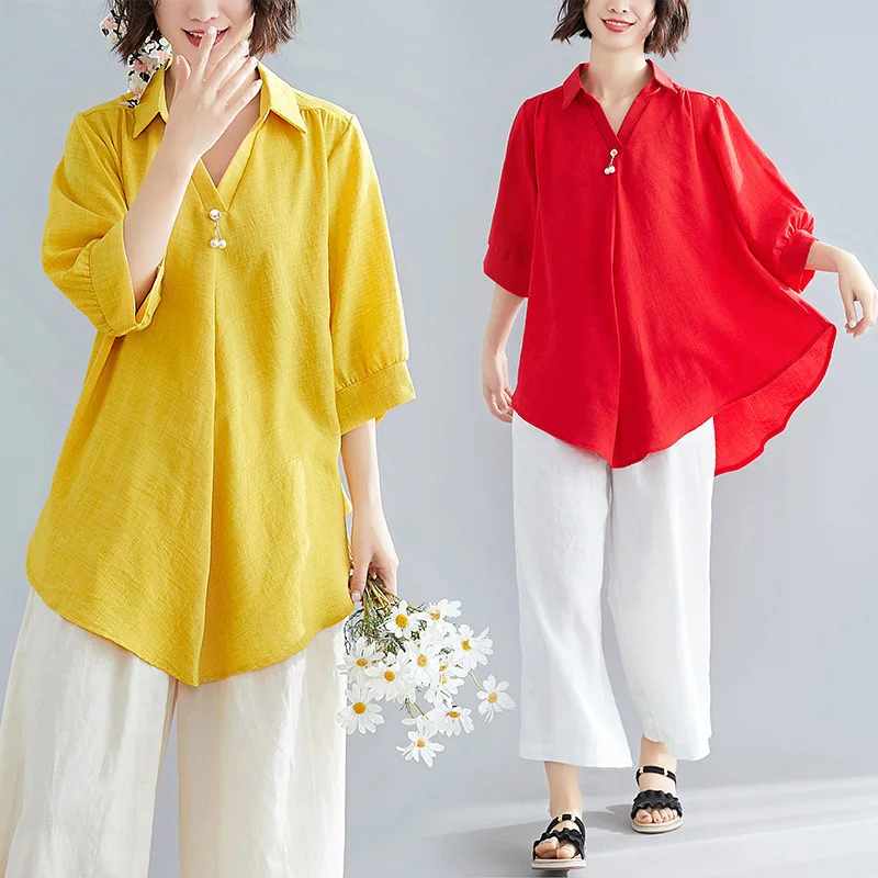 

2019 Summer Wear New Style Korean-style Literature And Art Solid Color Irregular Shirt Fat Mm Slimming Comfortable Fold-down Col