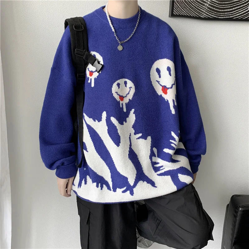 Hybskr  Smiley Face Loose Sweater Men 2022 Autumn Winter Pullovers Korean Style Casual Streetwear Men O-neck Knitted Sweaters men's round neck sweaters Sweaters