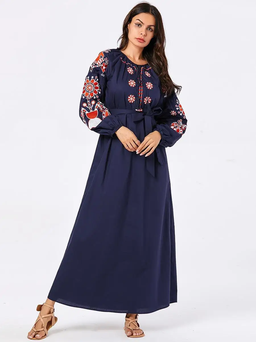 Скромное abaya Дубай длинное платье с вышивкой мусульманские женщины коктейльный кафтан арабский Исламский Одежда с пышными рукавами Новая мода