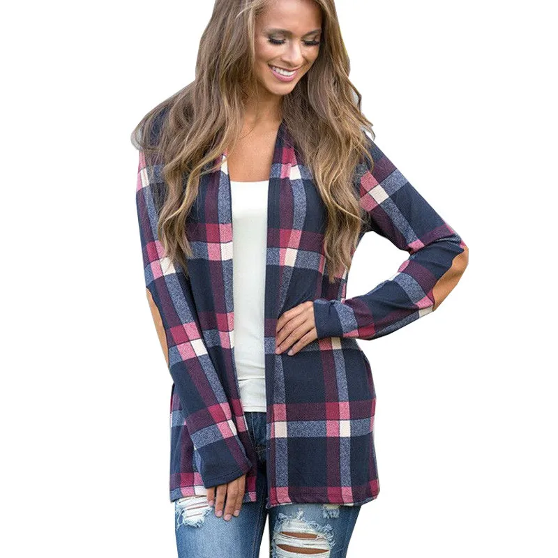 Women Spring Autumn Cardigans 2019 Casual Plus Size Knitted Sweater Female Tops Ladies XXL Long Sleeve Plaid Shirt Coat Blue Top |