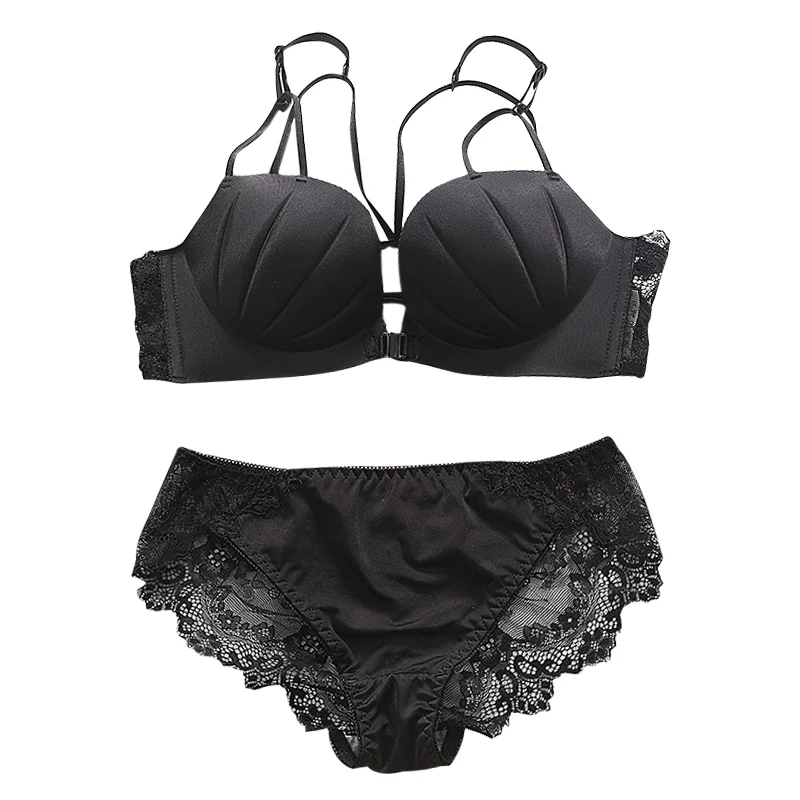 Women Bra Set Push Up Front Buckle Wire Free Bra Lace Hollow Out Panties Lingerie Set Cross Back Beauty Simple Stylish Joker QHA - Цвет: IX0475B