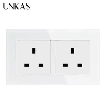 

UNKAS Double 146*86mm UK Standard Wall Socket Crystal Glass Panel Power Outlet Grounded AC 100~250V,Siamesed Design