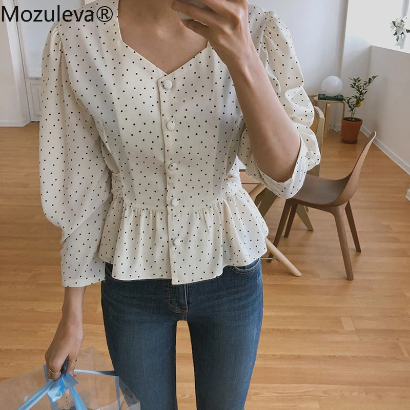 Женская винтажная блузка в горошек Mozuleva Элегантная с v-образным вырезом и узкой