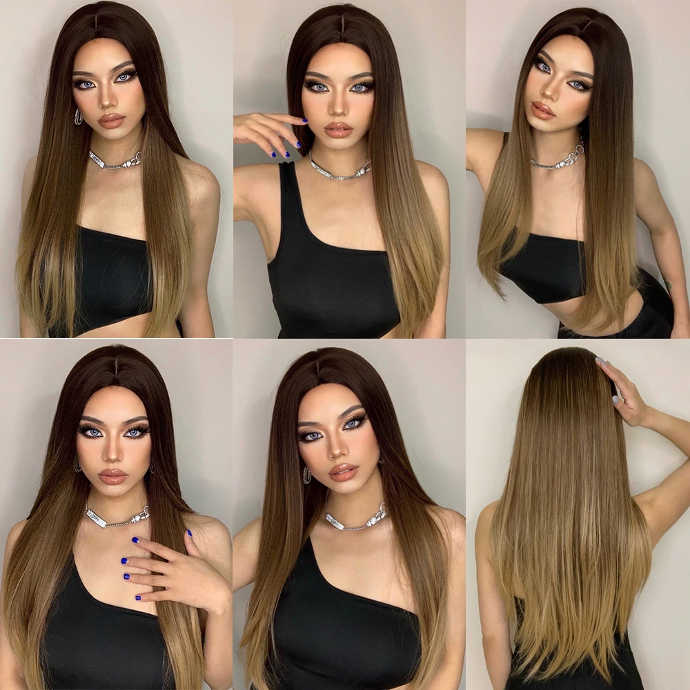 Long Straight Brown Ombre Natural Hair Wigs Middle Part Heat Resistant Synthetic Wigs for Afro Women Daily Cosplay Fashion Wigs
