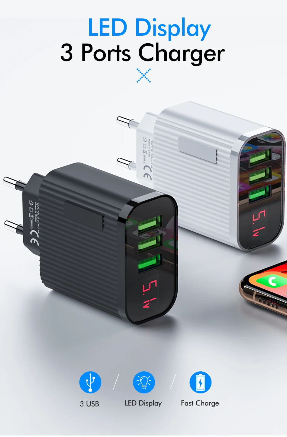 Универсальный светодиодный дисплей, 3 порта, USB зарядное устройство для телефона, 3 А, быстрая зарядка, штепсельная вилка европейского стандарта, дорожное настенное зарядное устройство для iPhone, samsung, Xiaomi, адаптер