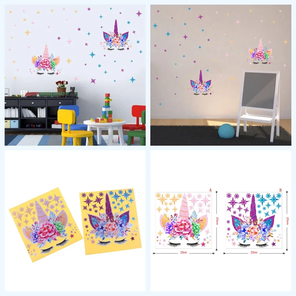 Magic Unicorn Wall Stickers Cartoon Animals Horse Stars Snowflakes Wall Decals Kids Girls Room DIY Poster Wallpaper Home Decor