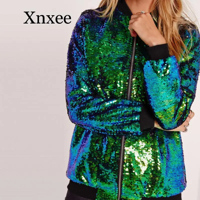 Baseball uniform Women Sequins Coat Bomber Jacket Long Sleeve Zipper Streetwear Casual Loose Glitter Outerwear  Autumn Coat
