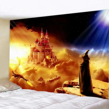 

Fire Dragon Mysterious Sorcerer Old Castle Landscape Wallpaper Art Large Tapestry Kids Bedroom Children Gift Wall Hanging