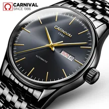 CARNIVAL New Men's Casual Double Calendar Ultra-Thin Automatic Mechanical Men Watch Stainless Steel Strap Waterproof Watches