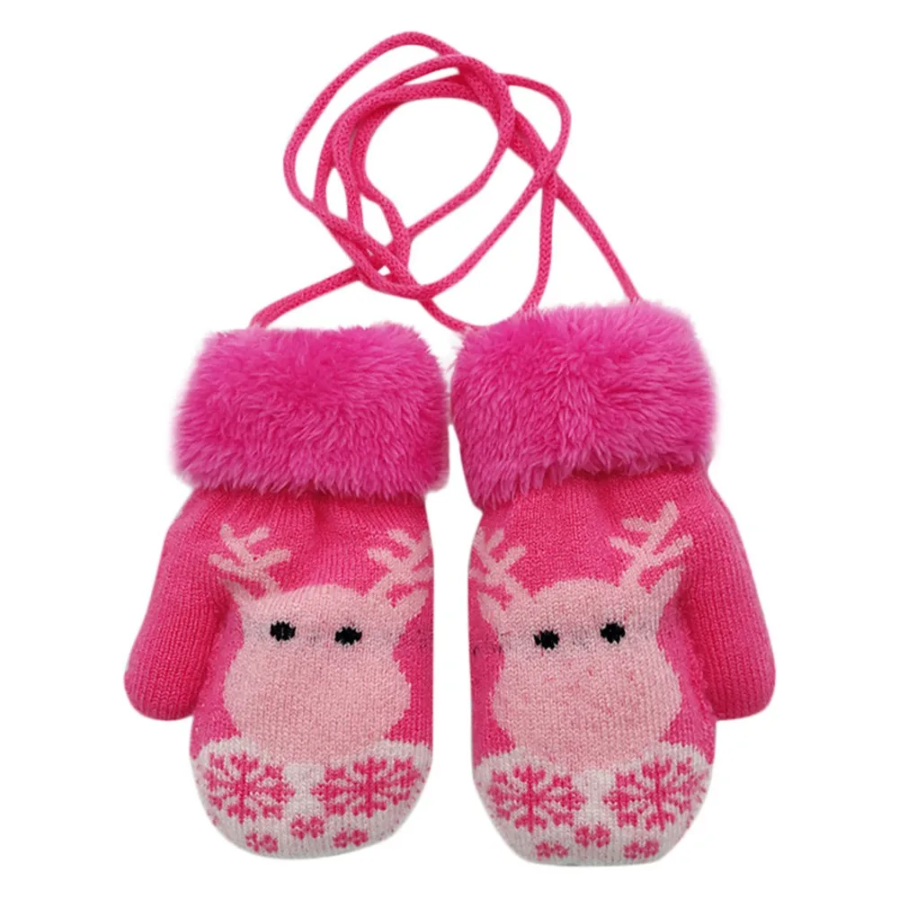 Рождественские детские перчатки для малышей; зимние Бархатные вязаные варежки с рисунком оленя; вязаные перчатки для маленьких мальчиков и девочек; теплая веревка; полный палец - Цвет: Hot Pink