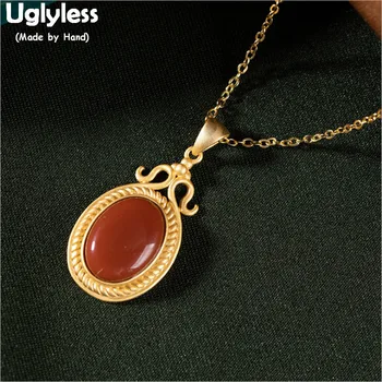 

Uglyless Curved Vintage Oval Gemstones Pendants for Women Natural Agate Pendants +Chain Gold Plated 925 Silver Fine Jewelry P770