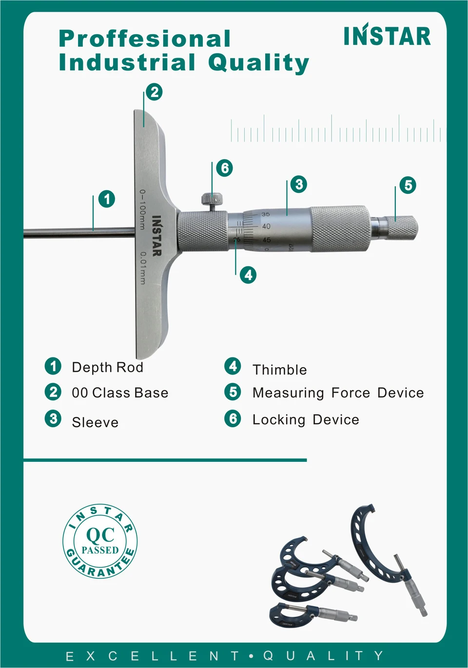 Description Picture 5 of itemINSTAR Depth Micrometer 0-25mm 0-50mm 0-100mm 0-200mm 0.01mm Flat End Industrial Quality Stainless Steel Micrometer Ball End