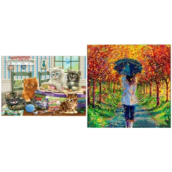 

2 Set 5D Diy Diamond Painting Kit Embroidery Cross Stitch Kit Home Wall Decor Craft - Cat & Umbrella Girl Pattern
