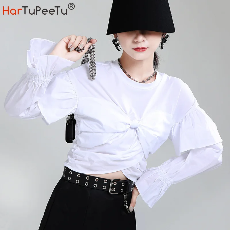 

Oversize White Korean Blouse Women 2020 Autumn Stylish Crop Tops Tunic Fit Shirt Flare Long Sleeve Bow and Ruffles Decorate