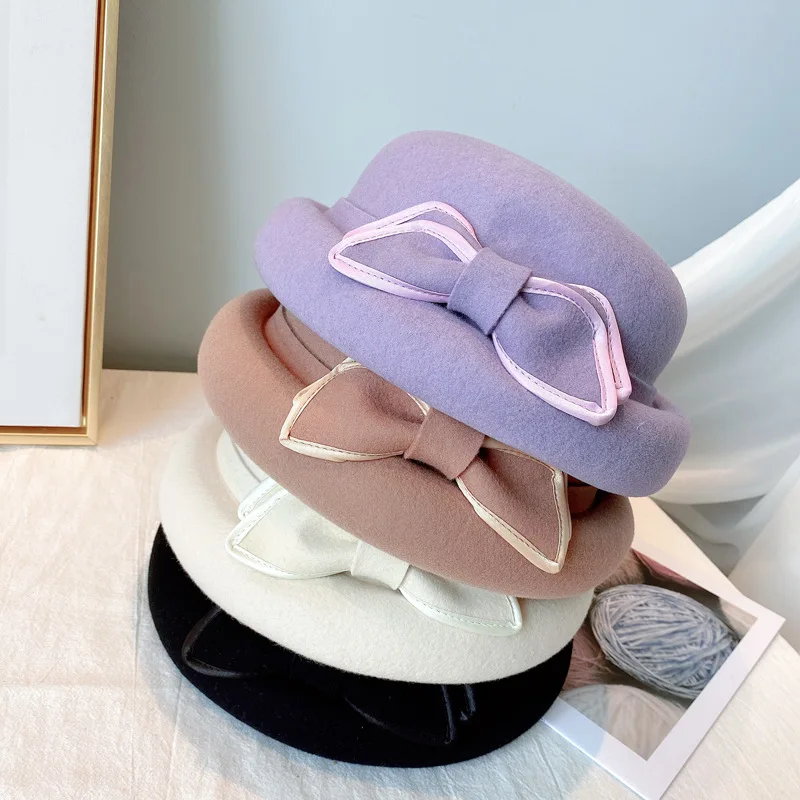 

Elegant Winter 100% Wool Felt Fedora Wedding Hats Women Female Bow Berets Caps Pillbox Hat Chapeau