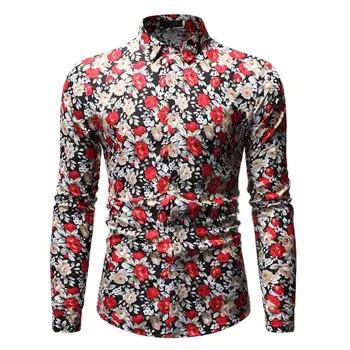 

Fashion Flower print Men's Shirt Long sleeve Blouse Men Black Red Blue Lapel Collar Floral Shirt for Men