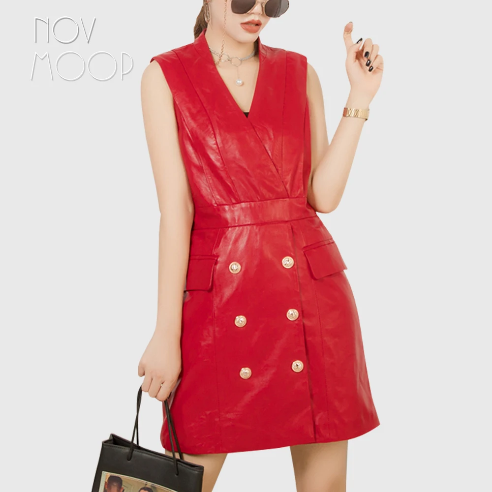 Novmoop, сексуальное женское платье, тонкое, красное, черное, двубортное, v-образный вырез, талия, овчина, натуральная кожа, женское платье, vestido sukienki LT2912