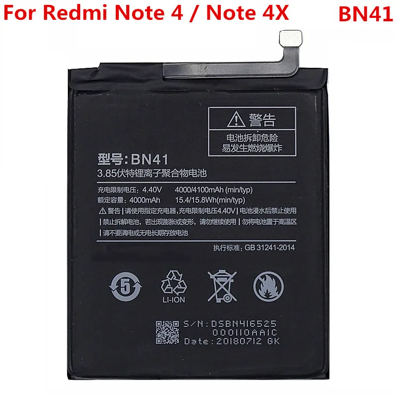 

Note4X Original Battery For XIAOMI Redmi Note 4X / Note 4 BN41 4000mAh Replacement 3.85V Lithium-ion Polymer Battery Repair Part