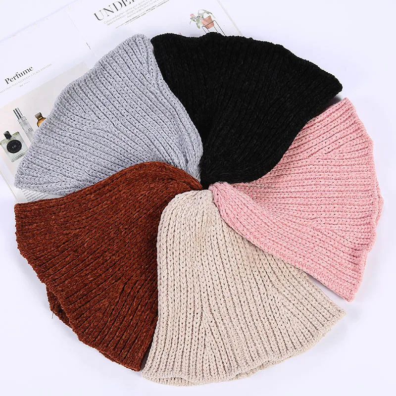 Women Knitted Wool Bucket Hat Autumn Winter Girls Casual Elegant Cap Solid Color Fisherman Hat Warm Beanie