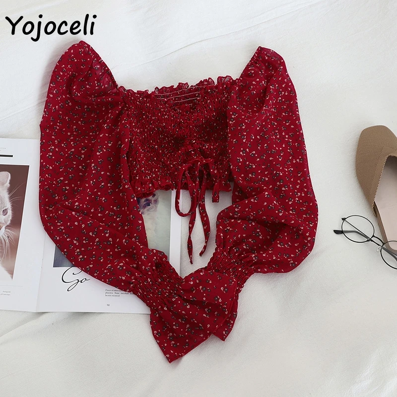 Yojoceli boho beach print blouses shirt women long sleeve ruffle short blouse tops female blusas