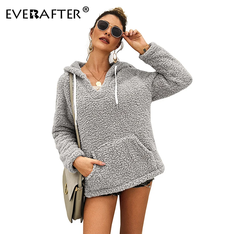 

EVERAFTER Hooded coral fleece pullover sweatshirt women warm solid pocket loose lantern sleeve 2019 Autumn Winter casual hoodies