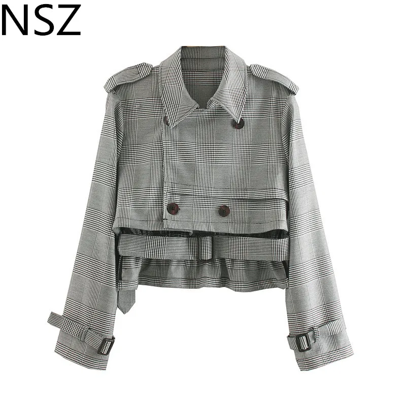 

SNZ Women Houndstooth Vintage Cropped Jacket Fashion Long Sleeve Turn Down With Belt Plaid Coat Thin Checked Outerwear