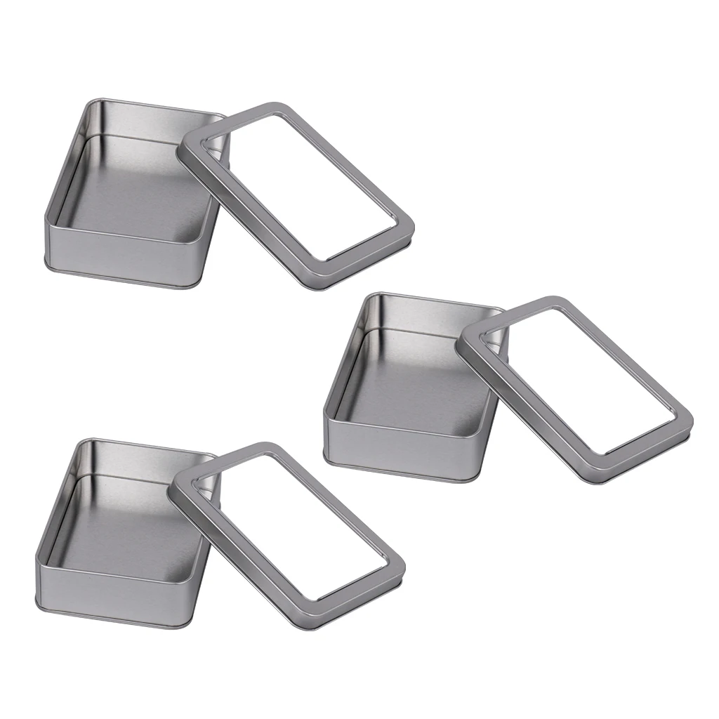3x Rectangle Tin Storage With Window Lids Small Parts Beads Storage Case Box