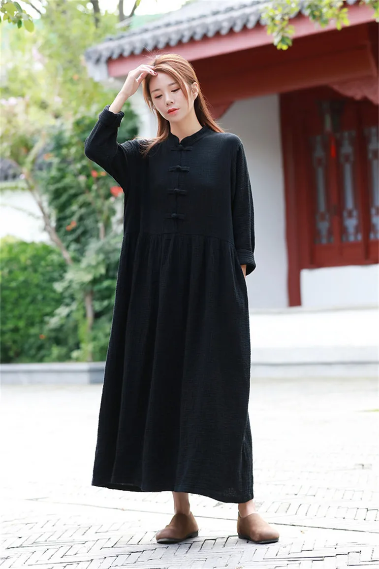Новое Осеннее хлопковое льняное платье с длинными рукавами M-7XL, большие размеры, зимнее винтажное платье-макси со стоячим воротником, черное, красное, белое, фиолетовое платье
