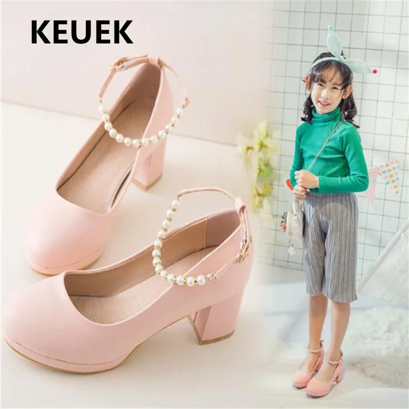 New Children Girls Shoes Princess White Pink High Heels Student School ...