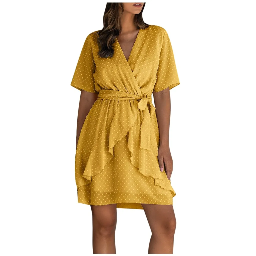 Новейшее летнее желтое женское платье с v-образным вырезом, элегантное свободное платье с коротким рукавом и оборками, повседневное обтягивающее мини-платье для женщин - Цвет: Цвет: желтый