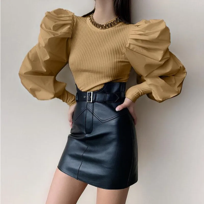 2020 Long Puff Sleeve Patchwork Sexy Tops Spring Autumn  Women Fashion Party Elegant Streetwear T-shirts