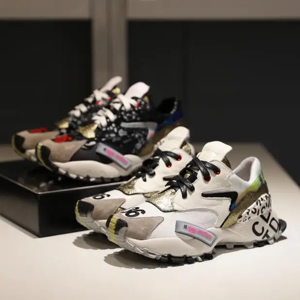 Женские кроссовки на толстой подошве кожаные плоской вулканизированной