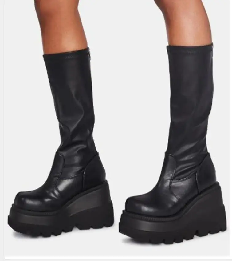 Style Black Wedges High Heels Platform Trendy Cool Autumn Winter Motorcycles Boots Shoes Women Black Increased Plus Size Boots