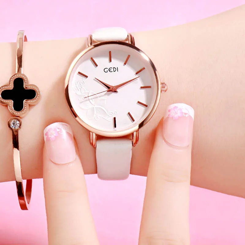 GEDI женские часы, ультра-тонкие кварцевые часы, простой стиль, деловые часы, женские часы с кожаным ремешком, женские наручные часы, Reloj Mujer - Цвет: White