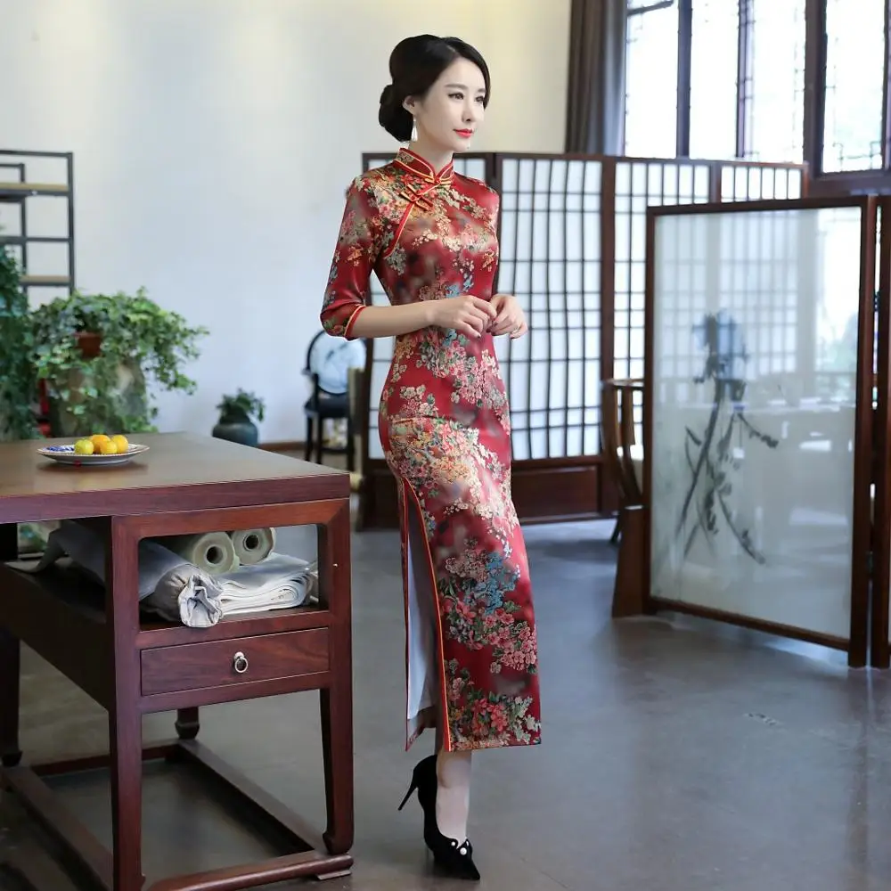 A Винтажное китайское традиционное женское вискозное цветочное Qipao Мандарин воротник Cheongsam Новинка китайское торжественное платье размера плюс 4XL - Цвет: A