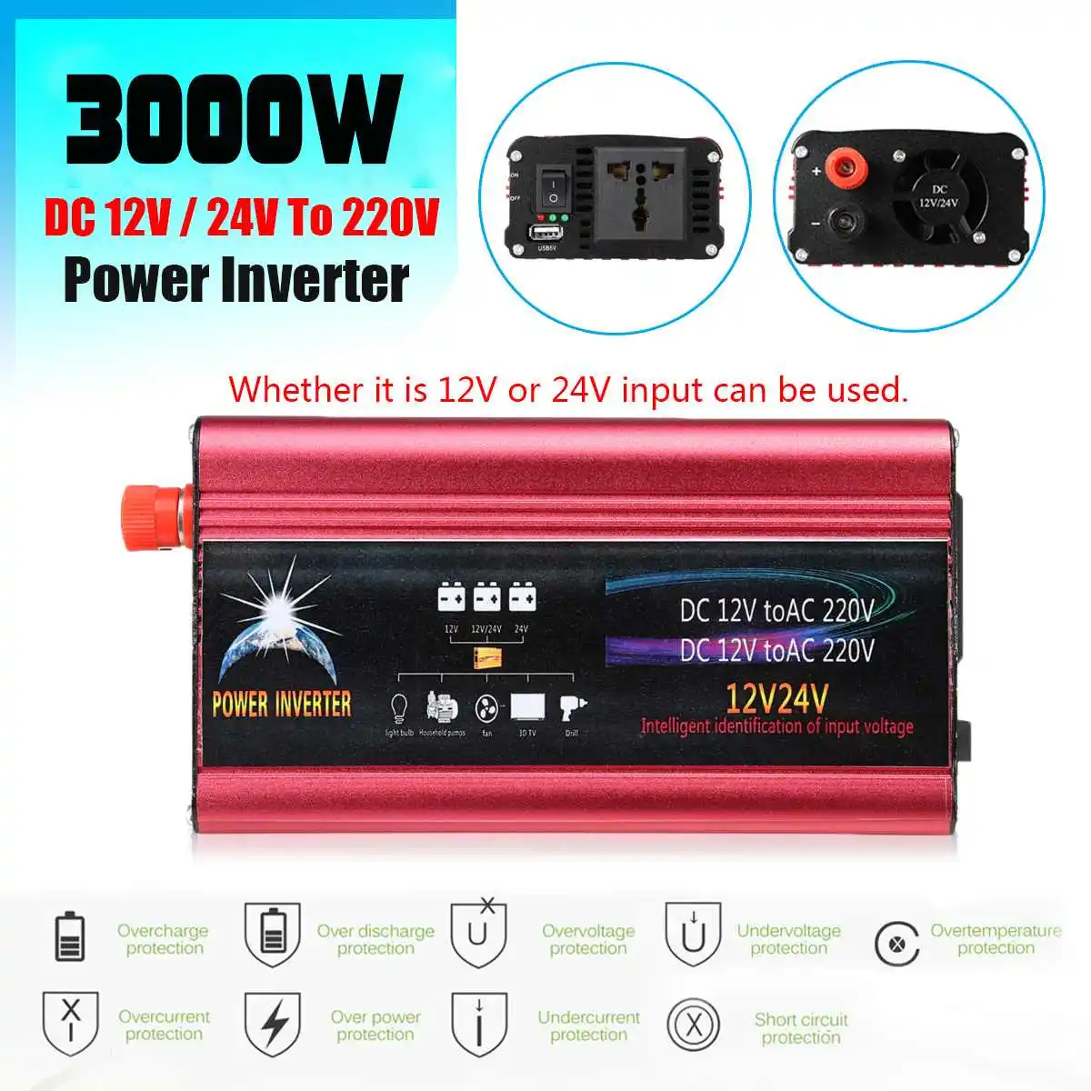 3000 Вт автомобильный Солнечный Инвертор DC12/24 В к AC 220 В инвертор мощности модифицированный синусоидальный инвертор мощность автомобильное зарядное устройство, преобразователь адаптер