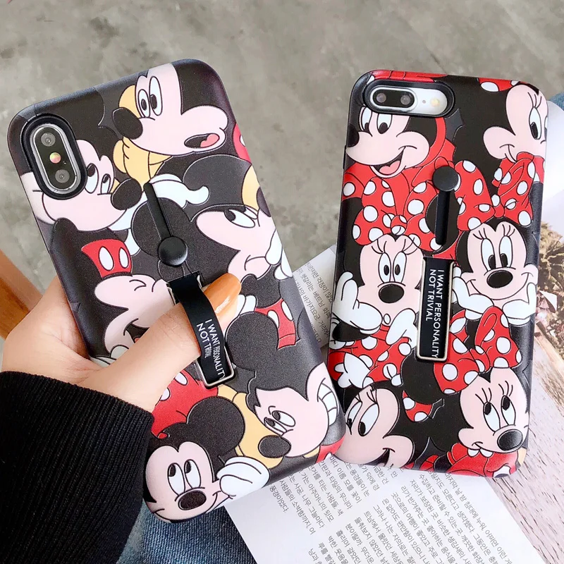 

Cute Cartoon Loop Ring Phone Case for Apple iPhone XR X 7 8 Plus XS 11 Pro Max Mickey Minnie Mouse Hide Ring Holder Stand Cover