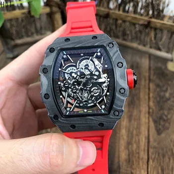

Classic New Blue Red Rubber Men Watch Sapphire Glass Back Automatic Mechanical Carbon Fiber Skeleton Dial Watches Limited