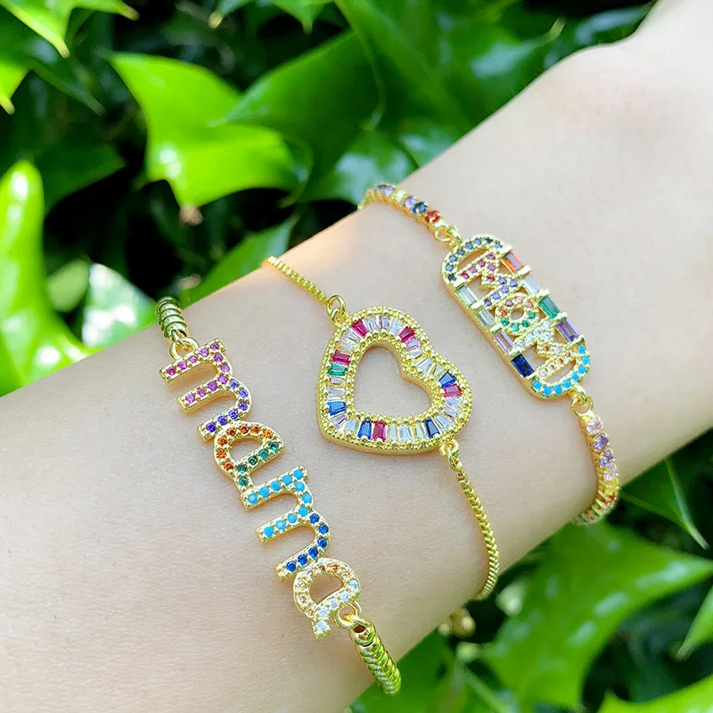 Gold-Plated Mama Mom Letter Charms Bracelets For Women Colorful CZ Love Heart Pendant  Zirconia Rainbow Jewelry Mothers Day Gift