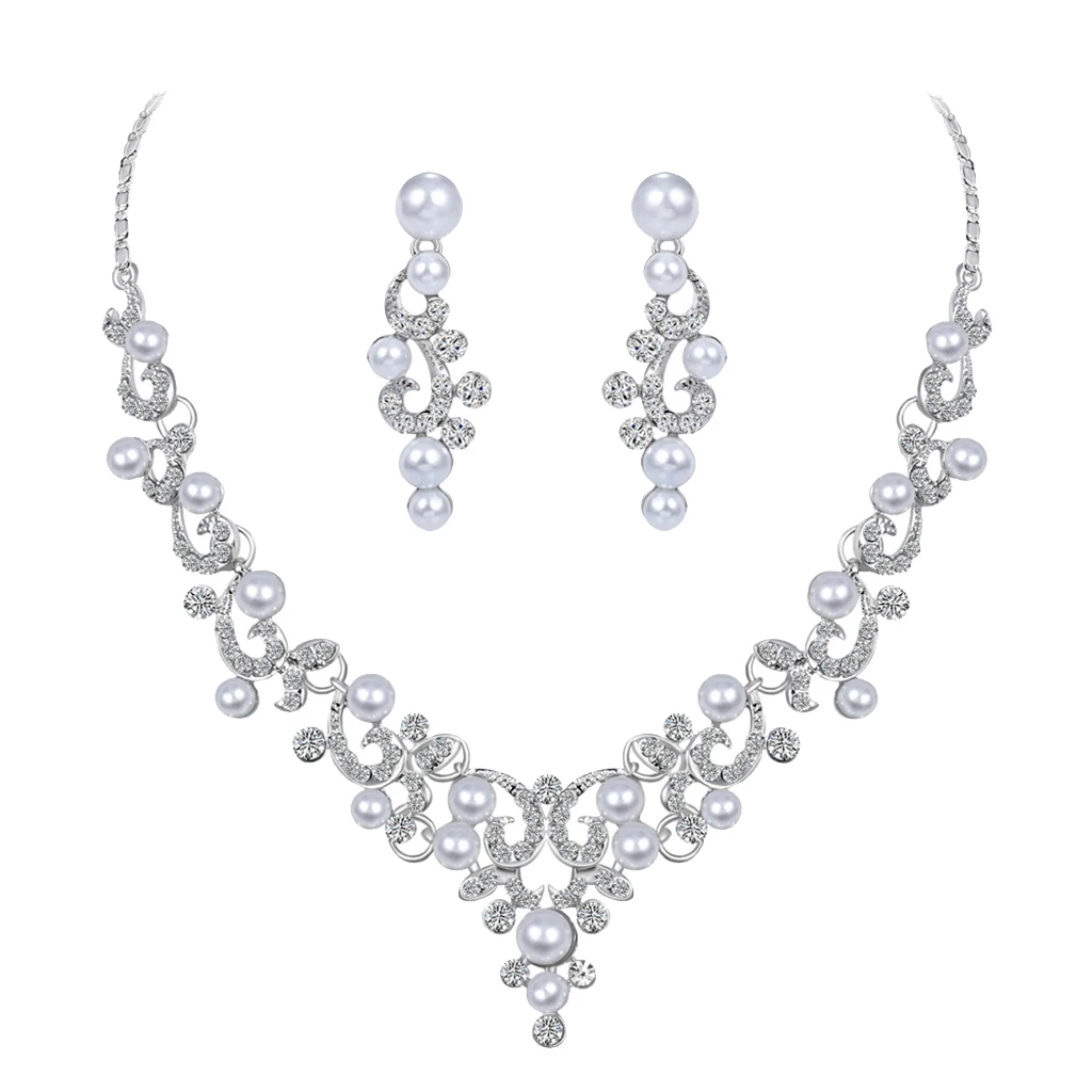 Silver Tone Crystal Filigree Necklace Earrings Sets Wedding Jewelry Accessories