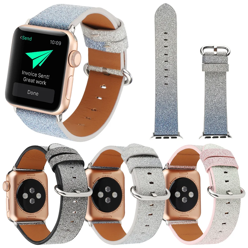 

New Design Gradient Glitter Leather Strap for Apple Watch Band Series 5 4 3 2 1 Bling Bracelet for iWatch 40mm 44mm 38mm 42mm