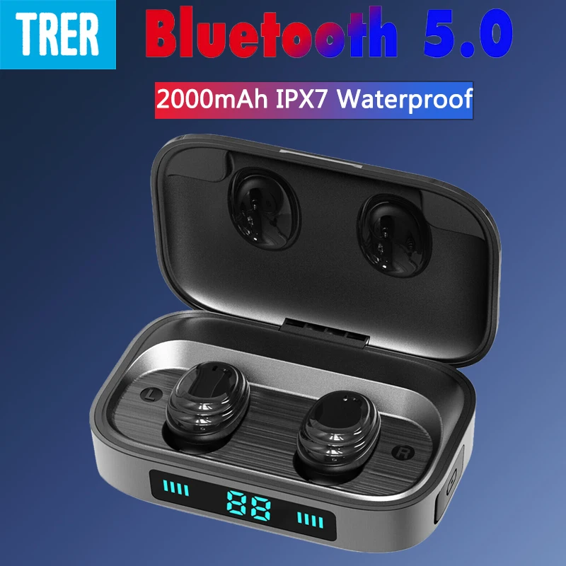 

TRER Bluetooth Earphone LED Display Bluetooth V5.0 Wireless Headphones with Microphone 2000mAh Power Bank Headset for Smartphone