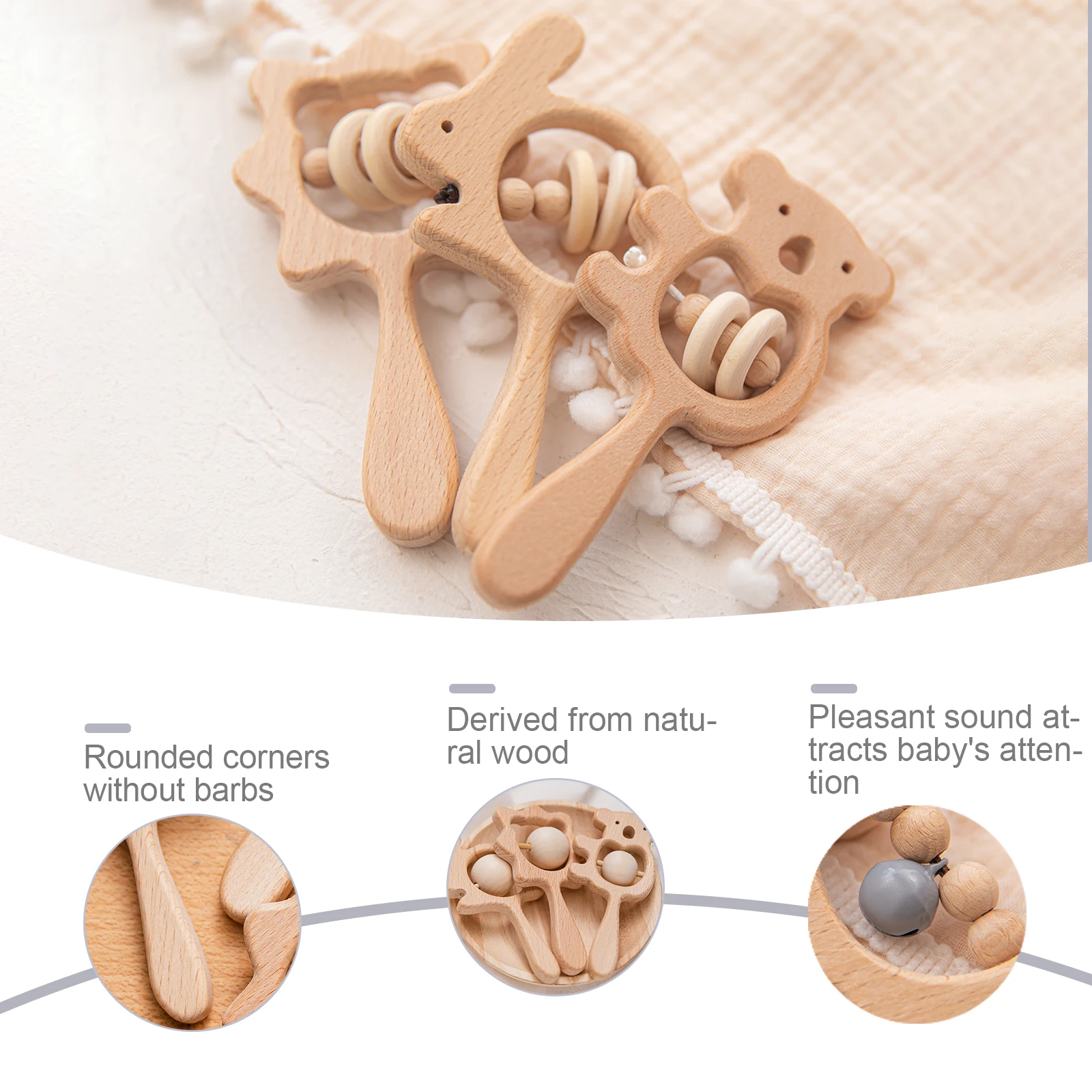 Baby Wooden Rattle Beech Bear Hand Teething Wooden Ring Baby Rattles Play Gym Montessori Stroller Toy Educational Toys for Kid