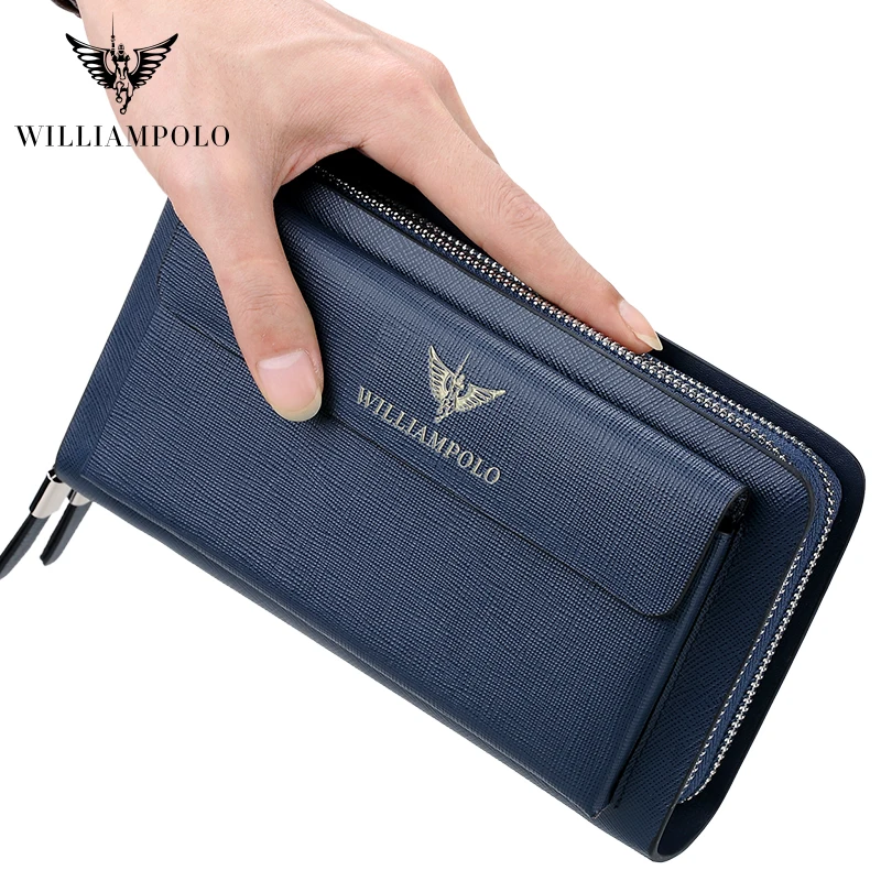 Business Genuine Leather Wallet Long Double Zipper Wrist Men Phone Wallet Purses Cowhide Luxury Brand High Capacity Clutch Bag 4