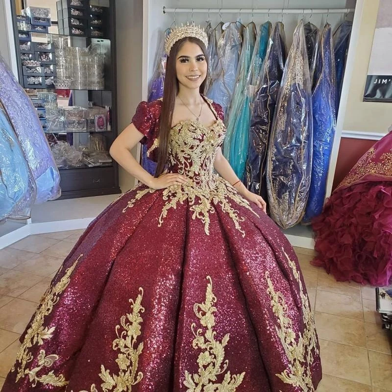 Vestidos de quinceañera con lentejuelas brillantes, vino tinto, con  chaqueta, vestido de baile, apliques dorados, trajes de iniciación  formales, dulce fiesta de 15 años|Vestidos de quinceañera| - AliExpress