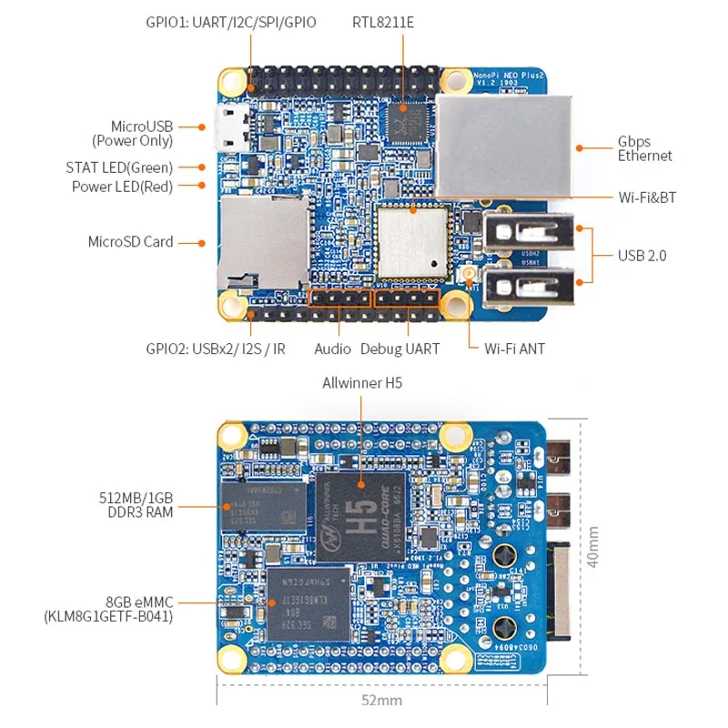 Friendly NanoPi NEO Plus2 all-in-one H5 Gigabit Ethernet port IoT development board WiFi Bluetooth with Metal case with Heatsink