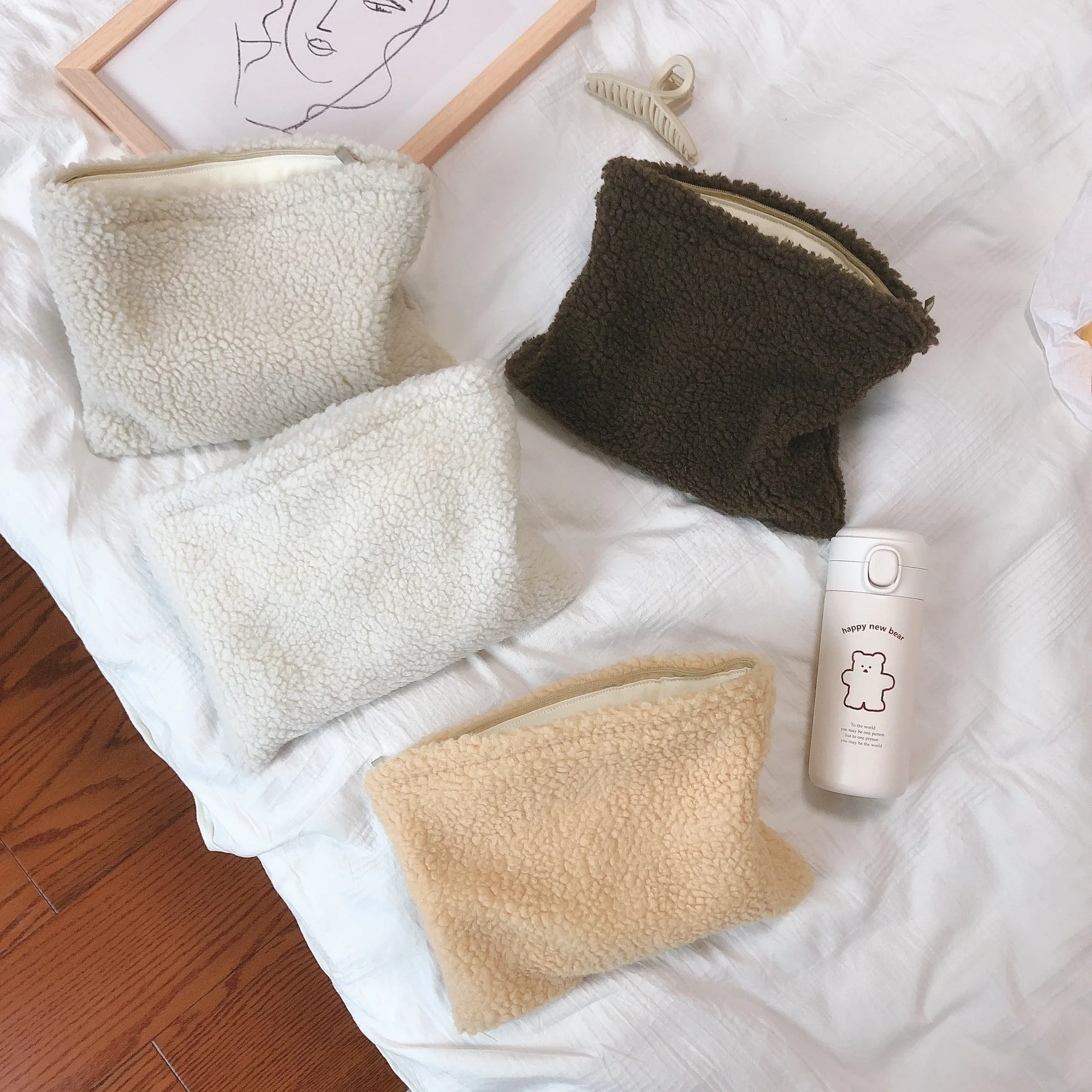 Large Women Plush Cosmetic Bag Canvas Waterproof Zipper Make Up Bag